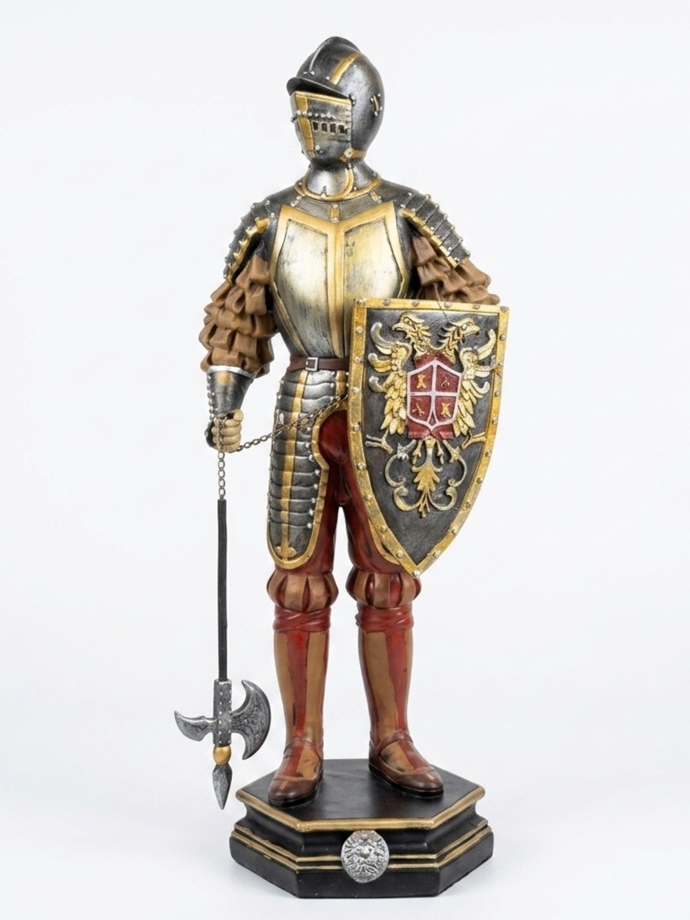 Hand Painted Resin Medieval Knight Figurine Statue w/ Shield & Axe 20in As-Is